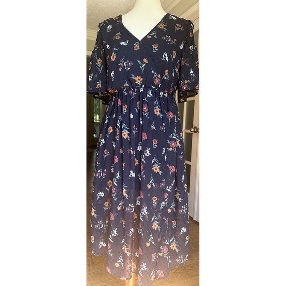 J.O.A. Dress Women's Small Navy Blue Pin Dot Delicate Floral Print Wrap - Picture 3 of 8